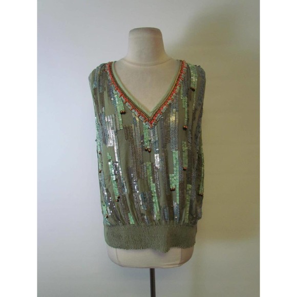 NWOT ANTHROPOLOGIE BLANK ARIANNA BEADED V-NECK TOP, sz L - Picture 6 of 8